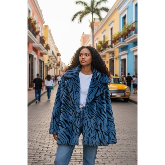 Baciano Faux Fur Coat Large Blue Black Tiger Print Animal Plush Y2K Trendy Edgy - Picture 1 of 15
